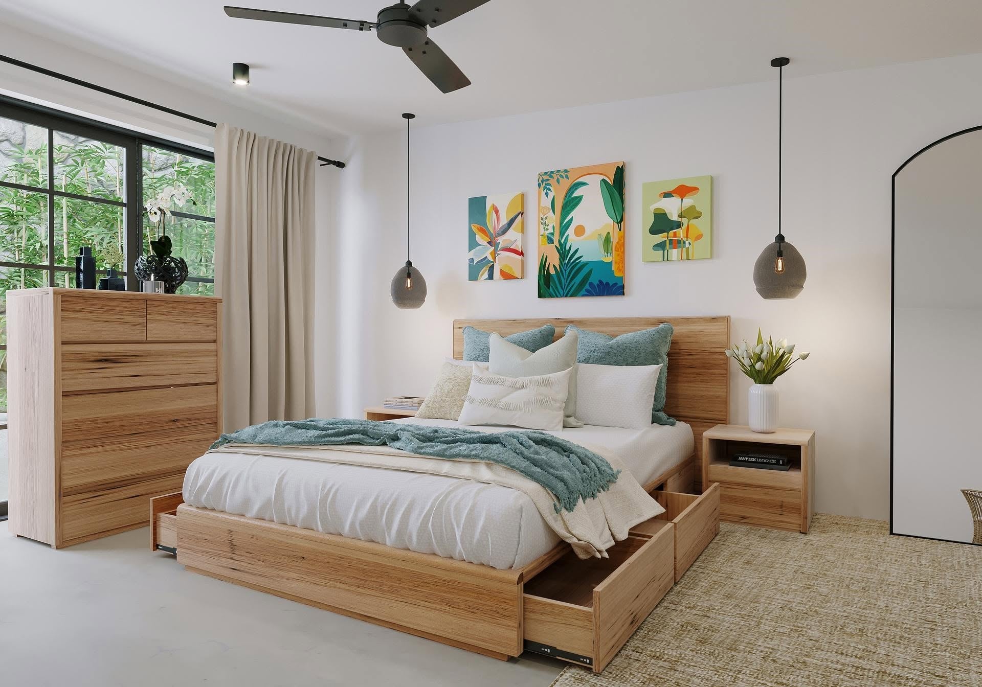Timber storage bed with drawers in a bright bedroom