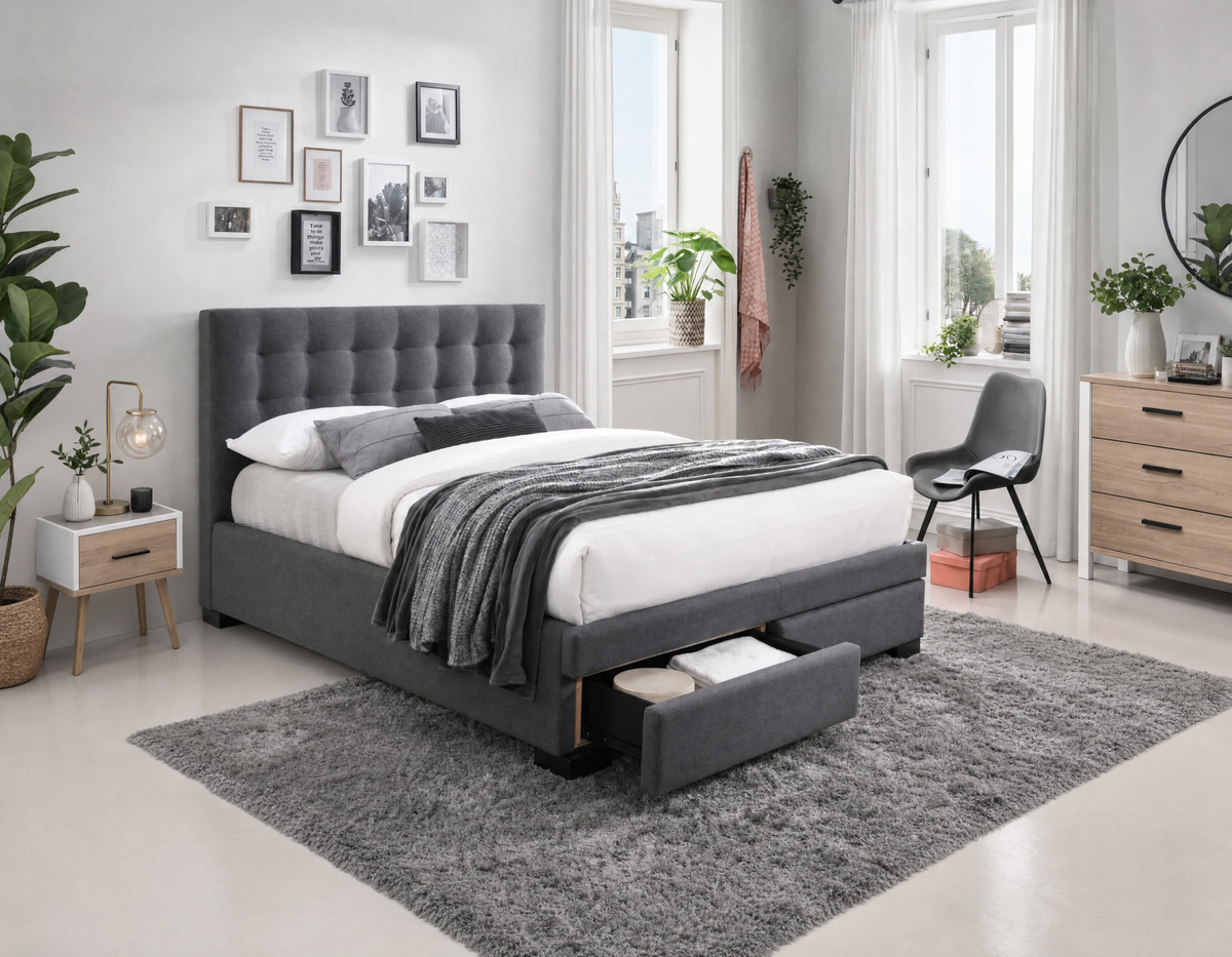 Memphis grey upholstered storage bed with tufted headboard and drawers