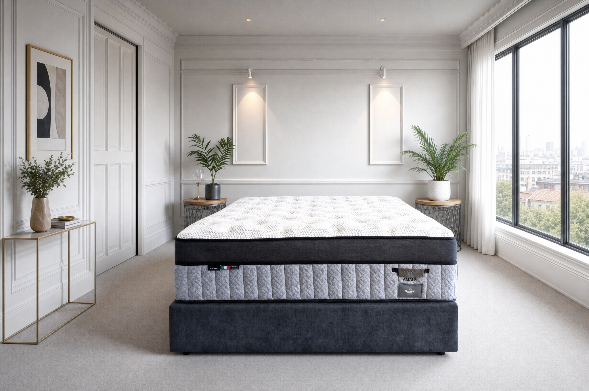Platinum Luxe Amalfi mattress on a dark upholstered base